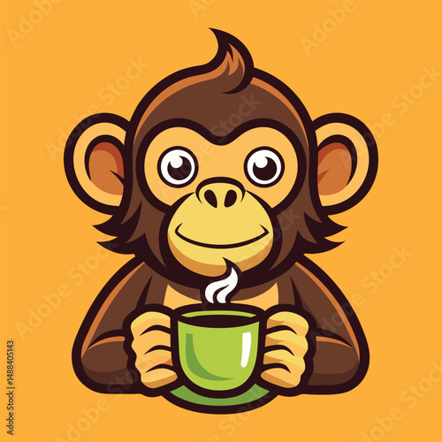 Cute cartoon chimpanzee enjoying a cup of coffee