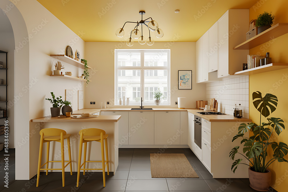 Fototapeta premium Modern Yellow and White Kitchen Design 4K Interior Illustration