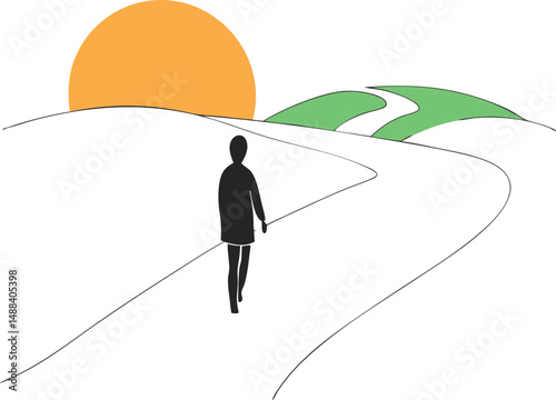 Silhouette of a person walking on a road towards sunset illustration