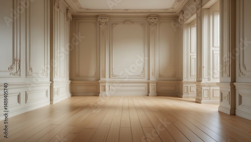 Beige modern classic unoccupied interior with moldings and wooden flooring. Render photo mock-up.