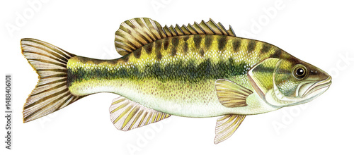 Watercolor illustration of Alabama Spotted Bass fish. Hand-drawn freshwater species, perfect for fishing guides, educational materials, and nature-themed decor