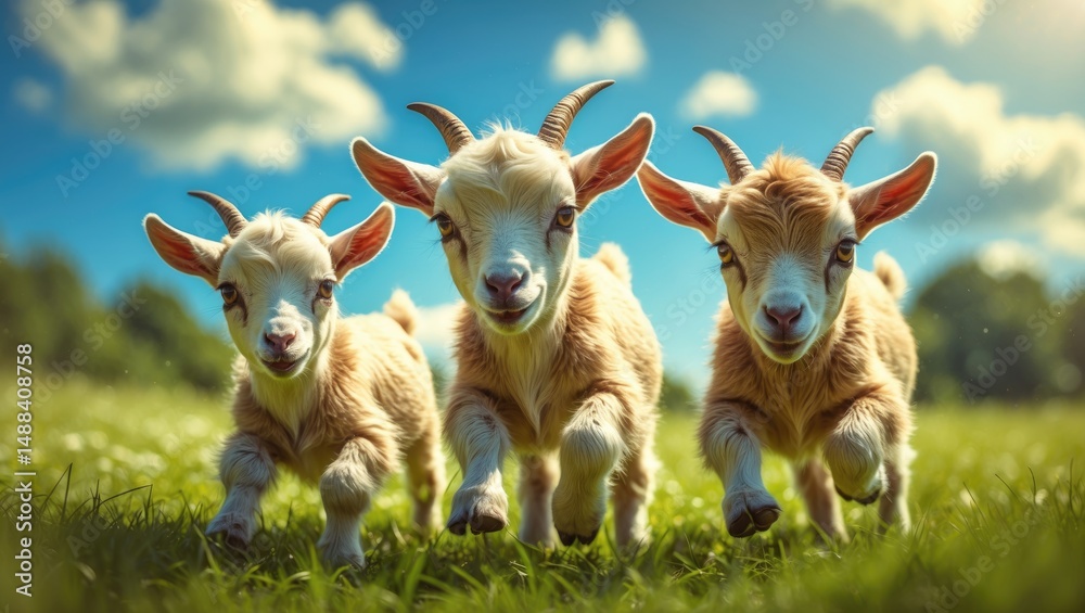 Three entertaining goat kids having fun outside Three entertaining goat kids having fun outside