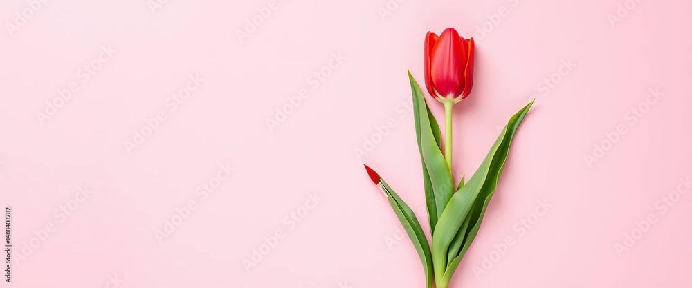 Obraz premium Red tulip & paintbrush on pastel pink background Minimal spring floral flatlay, bloom, springtime