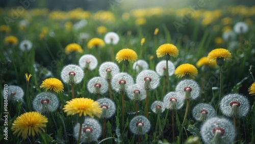 Group of blooming yellow dandelions and carnations with seed heads in Washington state, USA photo