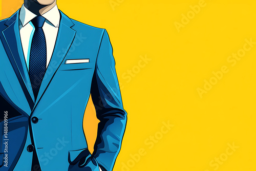 Professional man in a blue suit against a vibrant yellow background, exuding confidence photo