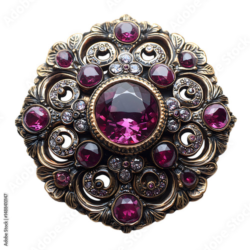 Gold and ruby-encrusted belt buckle, symbolizing power and wealth, worn by a high noble, isolated on white background.