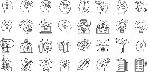Inspiration and Brainstorm Line Editable Icons set. Vector illustration in modern thin line style of creativity signs related icons: innovation, imagination, talent, and more.