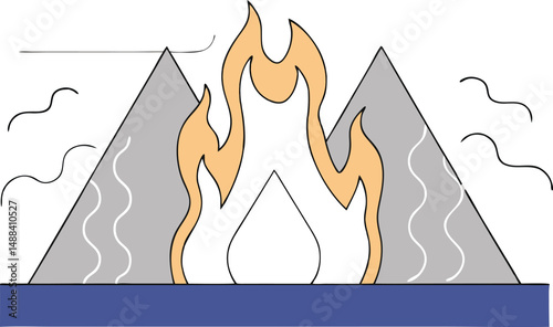 Simple illustration of campfire with flames and mountains on a white background