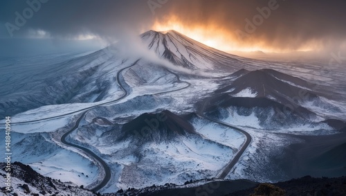 Scenic view of untamed land featuring snowy and ashy pathways atop the volcano