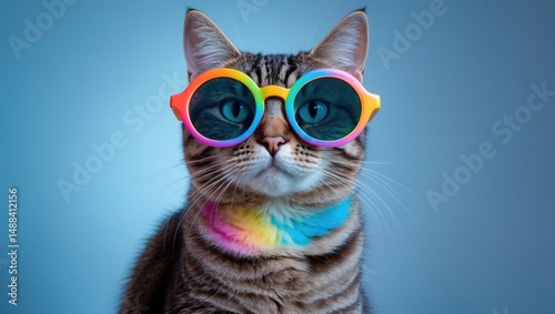 Humorous cat wearing fashionable sunglasses with colorful lenses against a cyan backdrop