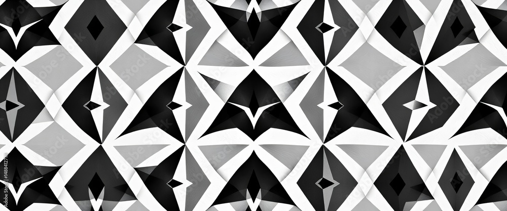 Fototapeta premium Monochromatic sacred geometry pattern; seamless, abstract, vector, black, white, modern, textile, illusion, symmetrical, texture, repeating background, fabric, textile