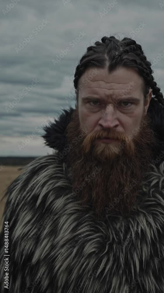 Guerrier viking barbu en tenue de fourrure sous un ciel menaçant

