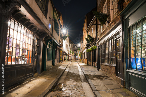 Shambles alley at night in York city. England