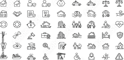 Insurance Line Editable Icons set. Vector illustration in modern thin line style of protection related icons: property, health, life insurances, and more.