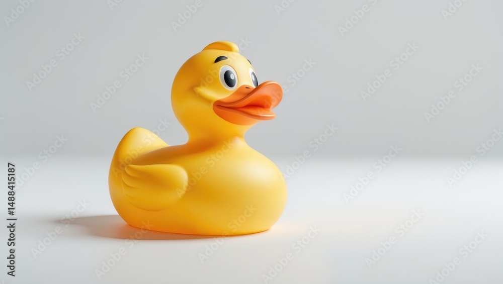 Baby-sized rubber duck floating on water against white backdrop Baby-sized rubber duck floating on water against white backdrop
