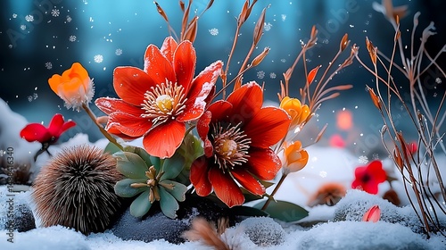 brightly colored flowers sit in the snow on a sunny day