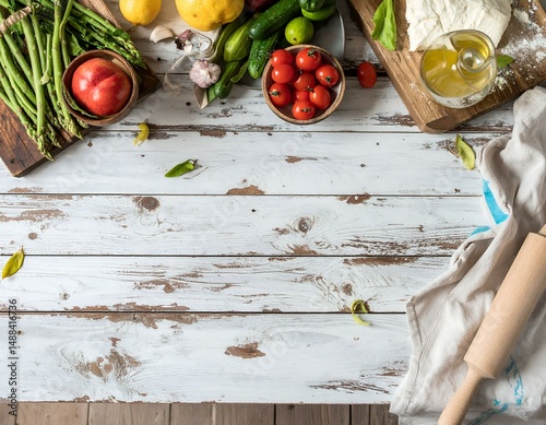 Rustic white wooden table top with assorted fresh vegetables, dough, olive oil and rolling pin. Perfect for recipe blogs or food websites.