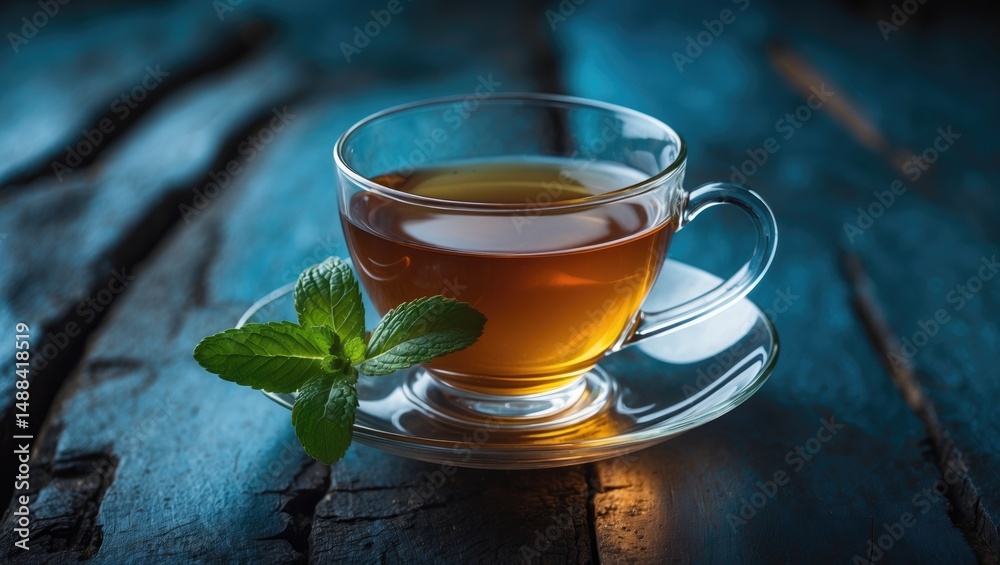 Tea cup, refreshing beverage with mint on a dark rustic backdrop Tea cup, refreshing beverage with mint on a dark rustic backdrop