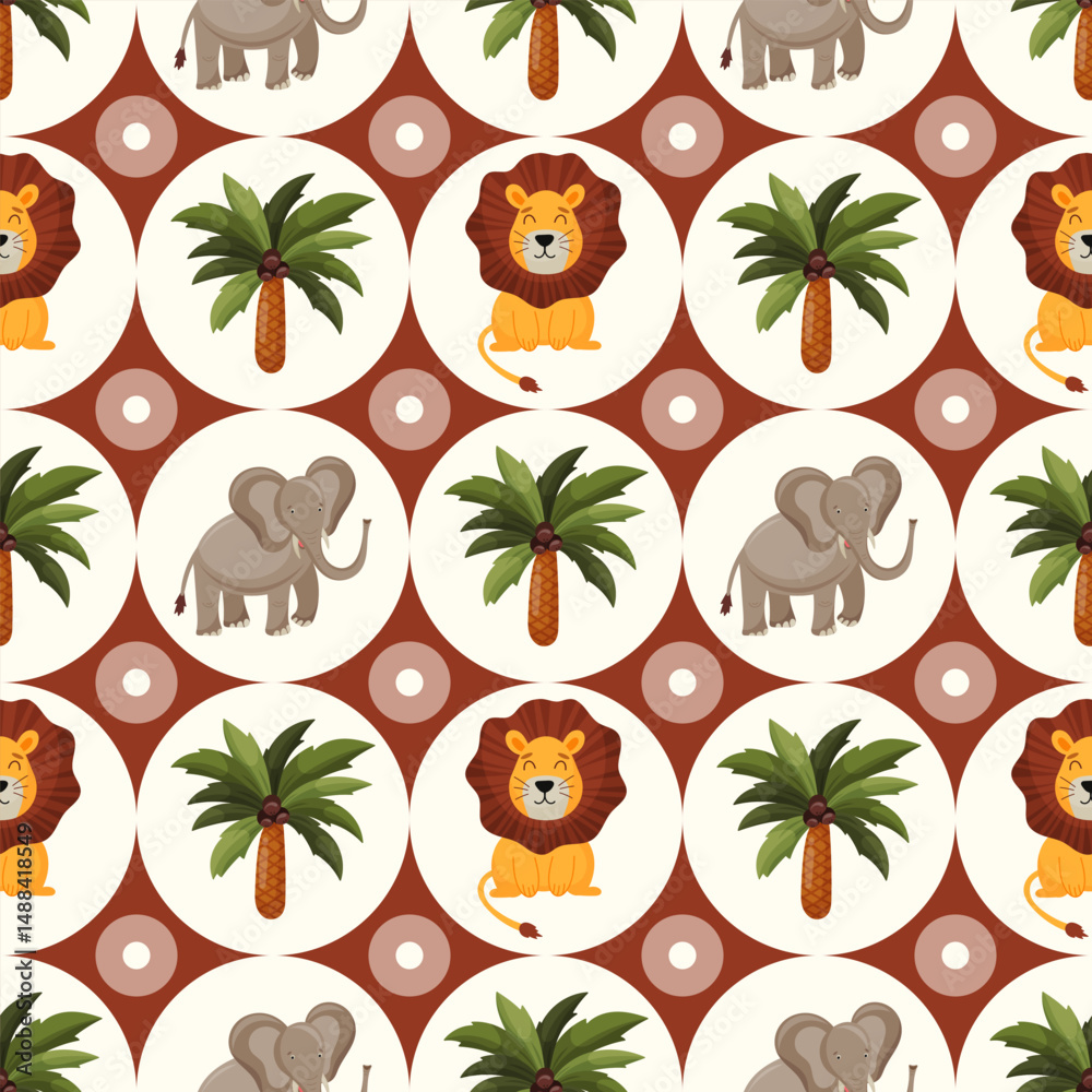 Fototapeta premium Pattern with jungle wild animals. Wallpaper with palm tree, lion and elephant