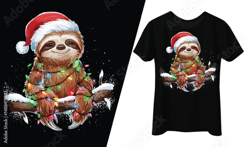 Sloth Holiday Santa in Christmas Lights, T-Shirt Design.