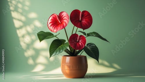 Red anthurium in a ceramic flower pot set against a background. Home plant theme. Vertical design layout or card with copy space. Houseplant in full bloom. photo
