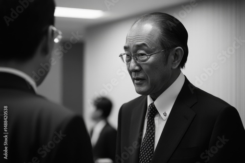 Business leaders engage in serious discussion during a networking event in Japan