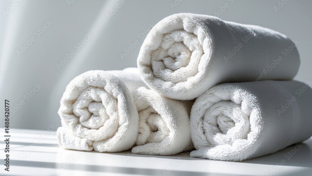 Fresh white terry towels neatly rolled on a plain background Fresh white terry towels neatly rolled on a plain background