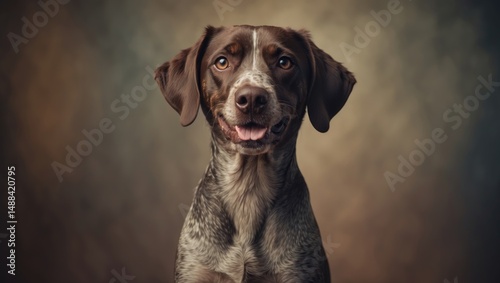 Content German wirehaired pointer dog sitting and grinning. photo