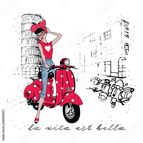 Italian summer vibes girl on scooter with tower of Pisa