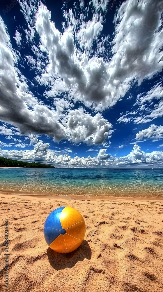 Obraz premium Beach ball on sandy shore, dramatic cloudscape, summer vacation