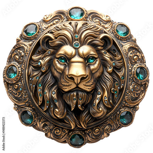 Golden lion-head belt buckle, set with small emeralds and surrounded by intricate engravings, isolated on white background.