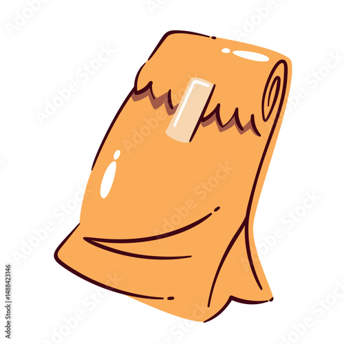 Paper lunch bag in light brown color with folded top and tape seal, shown in a cartoon doodle style. Vector illustration with paper bag for food delivery, takeout packaging, or school lunch designs.
