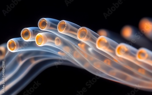 Abstract Fibers Glowing Orange Ends, Translucent Cords Strands on Dark Background