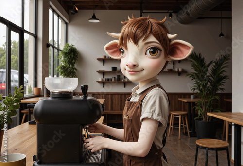 Warm and Welcoming Anthropomorphic Cow Barista in Artisan Café