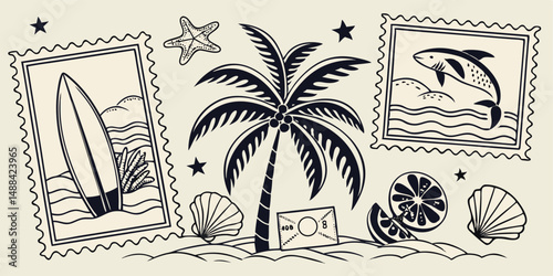 Hand Drawn Vintage Tropical Vector Set Bold Style