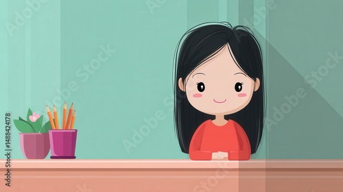 Cute Cartoon Girl at Desk with Pencils and Plant