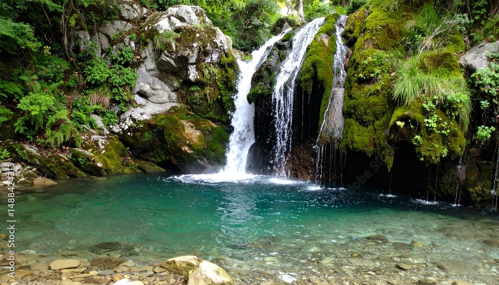 Naklejka premium Serene waterfall cascading into a crystal-clear pool. Lush greenery surrounds the rocky landscape. Perfect for travel, nature, or relaxation themes.