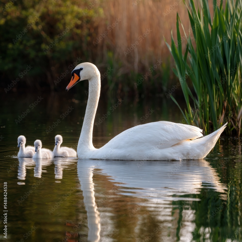 Elegant swan with cygnets gliding gracefully on tranquil waters reflecting nature's beauty, a serene scene of wildlife in a lush environment during golden hour light Elegant swan with cygnets gliding gracefully on tranquil waters reflecting nature's beauty, a serene scene of wildlife in a lush environment during golden hour light