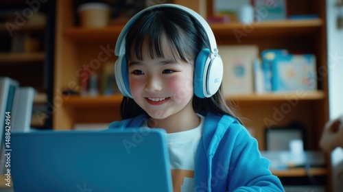 Young girl engaged in online learning at home in Japan, using a laptop and headphones for a virtual class