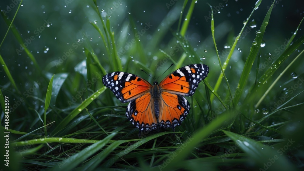 Obraz premium Colorful butterfly settled on the grass, showcasing wings and insect beauty in a floral environment.