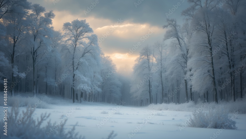 Obraz premium Winter forest landscape, stunning seasonal view in a snowy nature setting