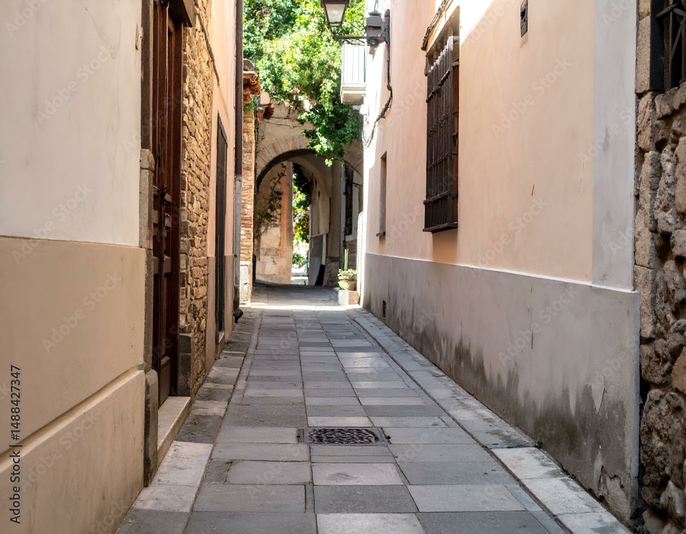 Obraz premium Narrow cobblestone alleyway in a historic town, sunlight illuminating the path. Old stone buildings and weathered walls create a picturesque scene.