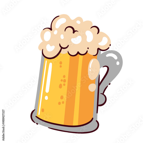 Beer mug filled with golden yellow beer and large frothy foam head, drawn in fun cartoon doodle style. Great for pub menus, Oktoberfest, or party designs. Vector illustration of beer mug.