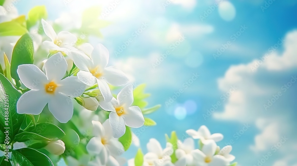 Fototapeta premium White Flowers with Green Leaves Against a Bright Blue Sky