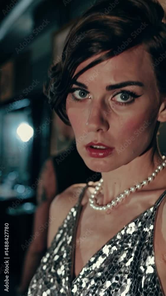 Femme élégante en robe à paillettes exprimant la stupeur dans une ambiance rétro

