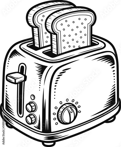 Vintage Toaster with Bread Slices Line Art Vector, Transparent Background.