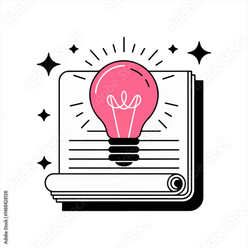  a pink lightbulb with a glowing filament inside, bursting out of a white sheet of paper 