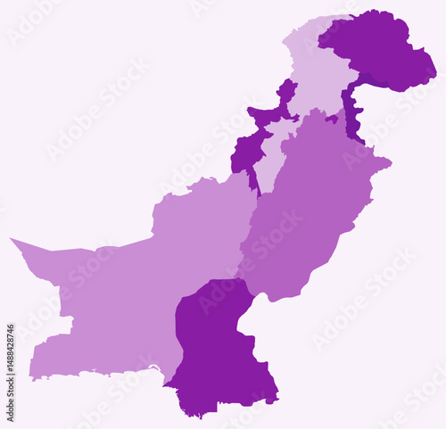 Map of Pakistan with regions. Just a simple country border map with region division. Purple color palette. Plain Islamic Republic of Pakistan shape with administrative division. Vector illustration.