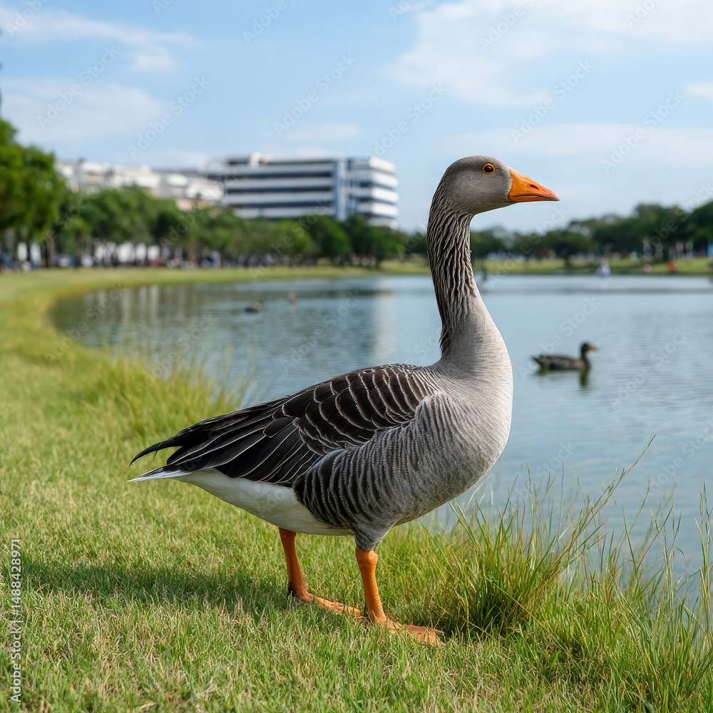 Fototapeta premium Graceful Waterfowl Standing by a Serene Lake in a Park Setting Surrounded by Lush Greenery and Clear Blue Sky on a Bright Sunny Day