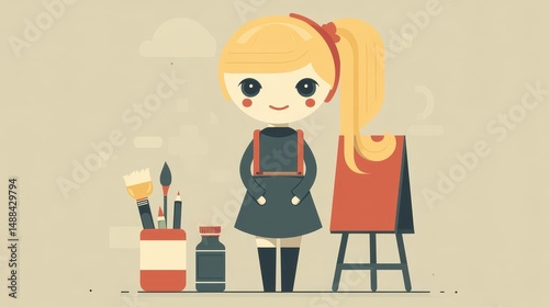 Cartoon Artist: Girl with Easel and Painting Supplies